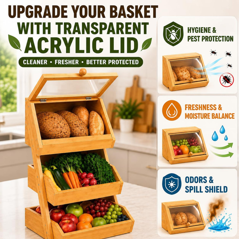 3-Tier Bamboo Basket with Preassembled Drawers, Acrylic Cover & Banana Ho...