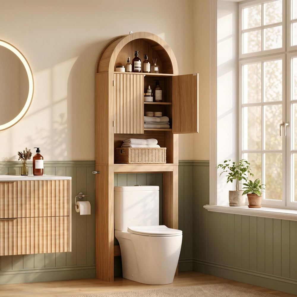 Arched Over The Toilet Storage Cabinet with Fluted Doors, Natural