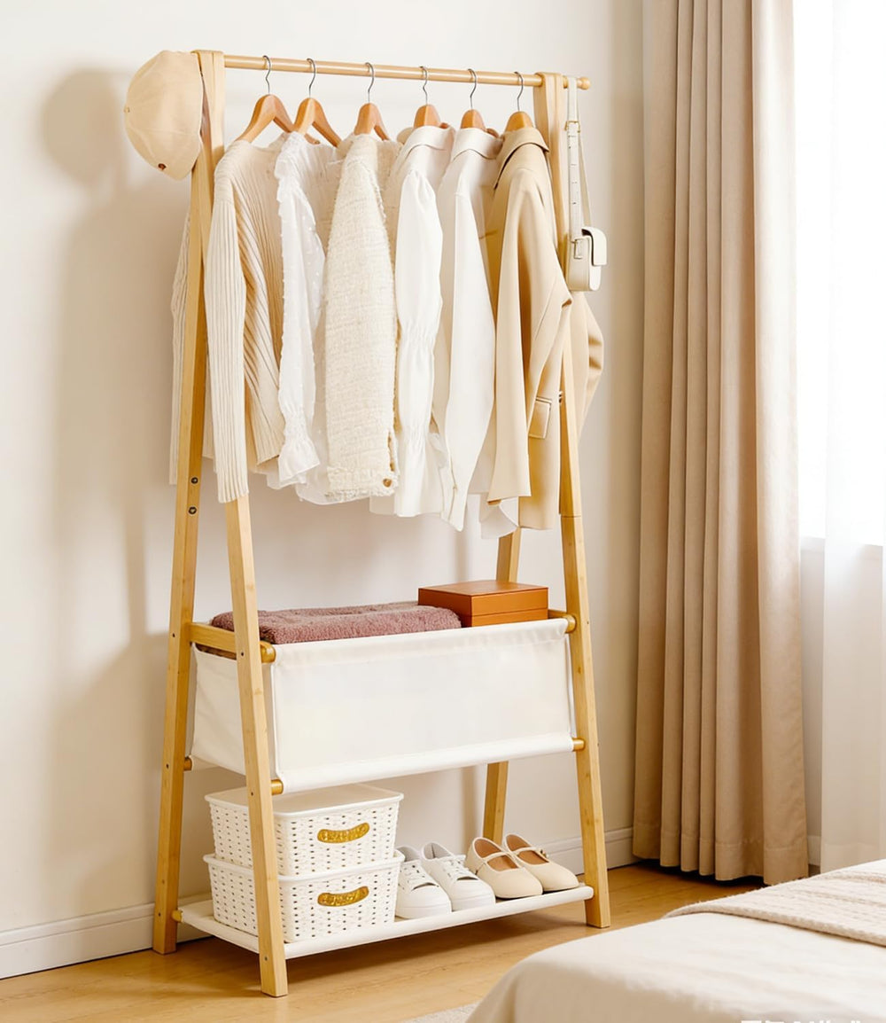 Bamboo Clothes Rack with Storage Box and Storage Shelf, Portable Extra Large ...