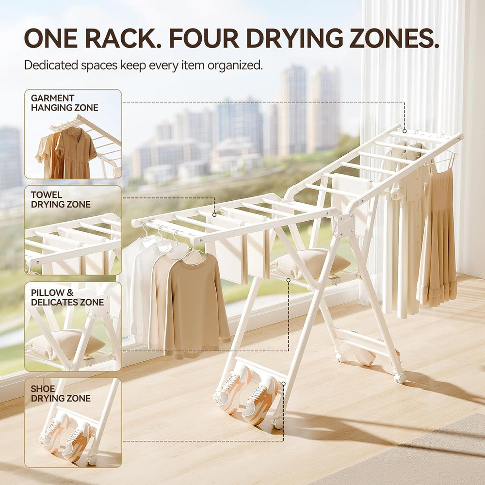 SUJI Collapsible Clothes Drying Rack, Dual Wing with Wheels, White