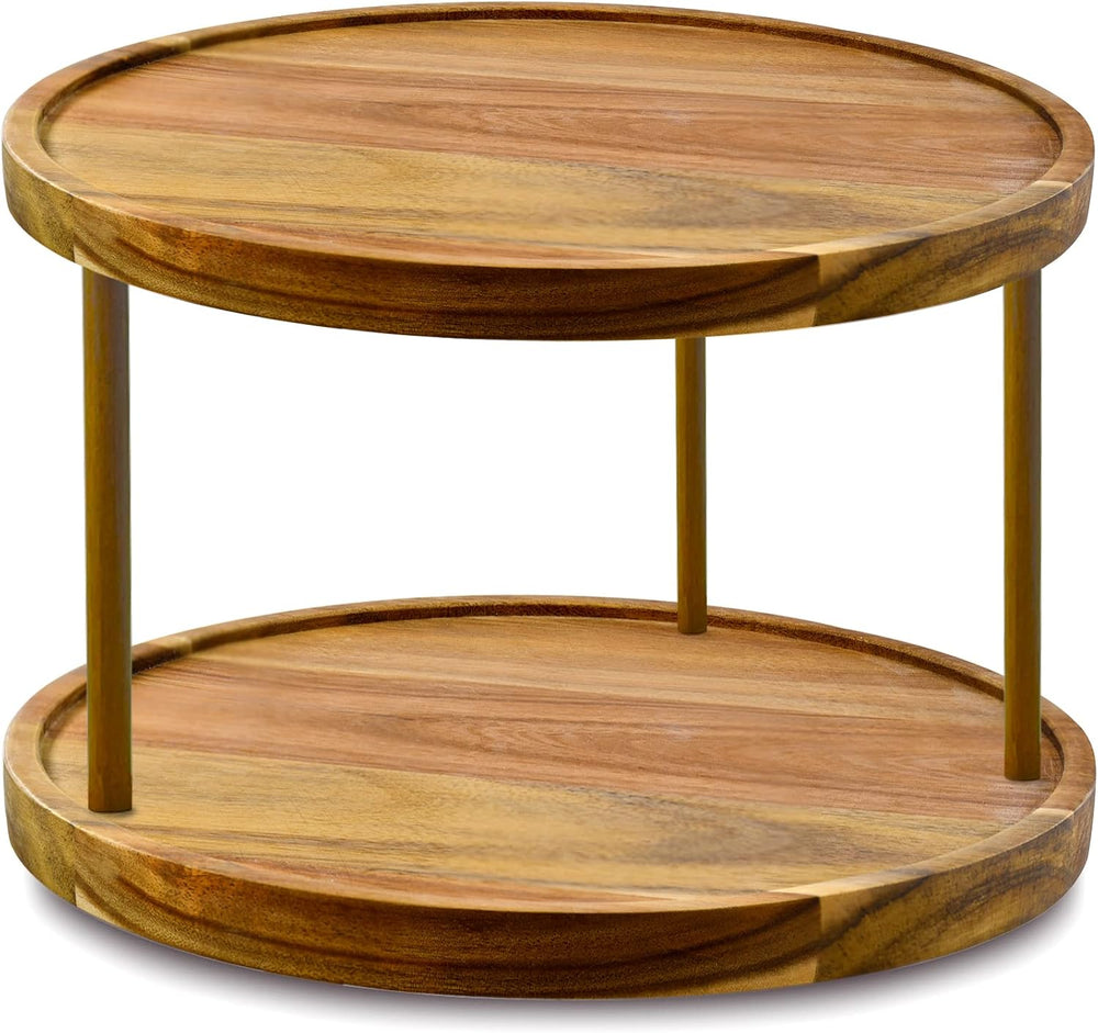 14" Two-Tier Acacia Wood Lazy Susan Organizer Kitchen Turntable for Cabi...