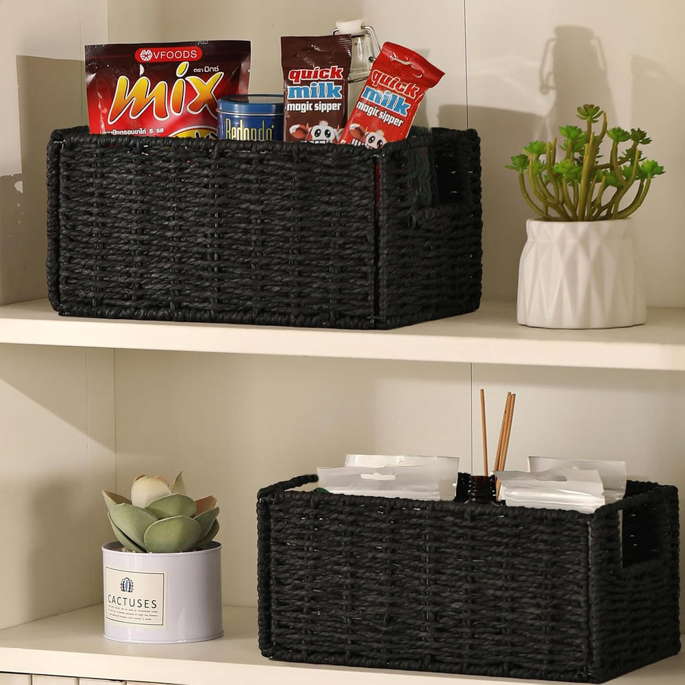 Wicker Storage Basket, Set of 2 Black Wicker Baskets for Bathroom