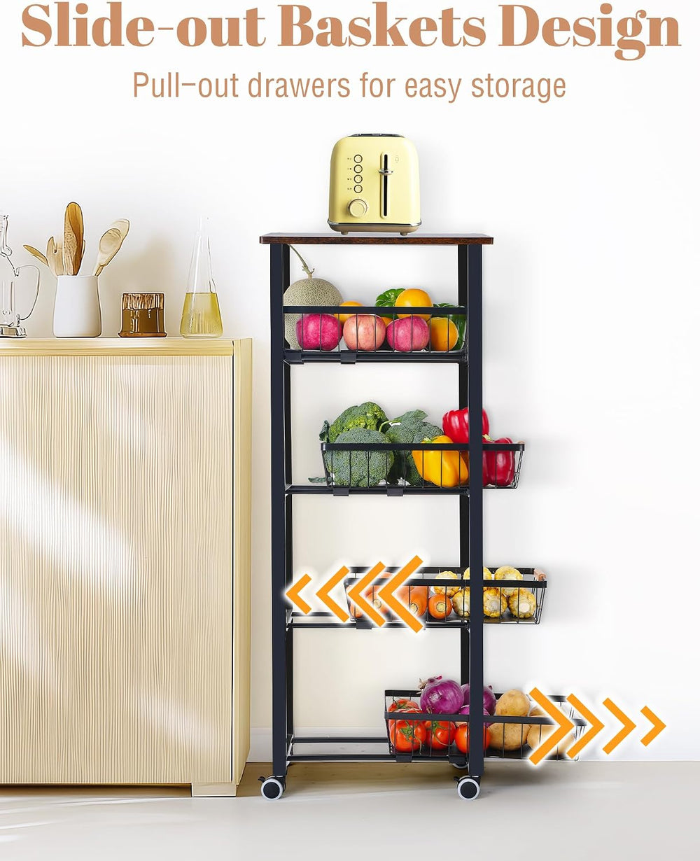 Mythinglogic 5-Tier Fruit & Vegetable Rolling Cart with 4 Pull-Out Baskets