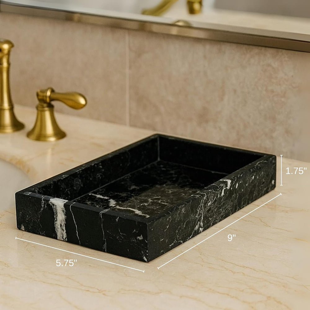 Bey-Berk Ezra Black Zebra Marble Guest Towel Tray – Rectangular Bathroom Vani...