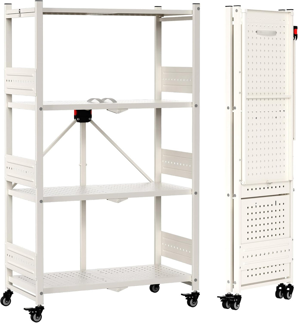 WORKPRO 4-Tier Folding Shelf, No-Assembly Metal Storage Rack with Wheels, 600...