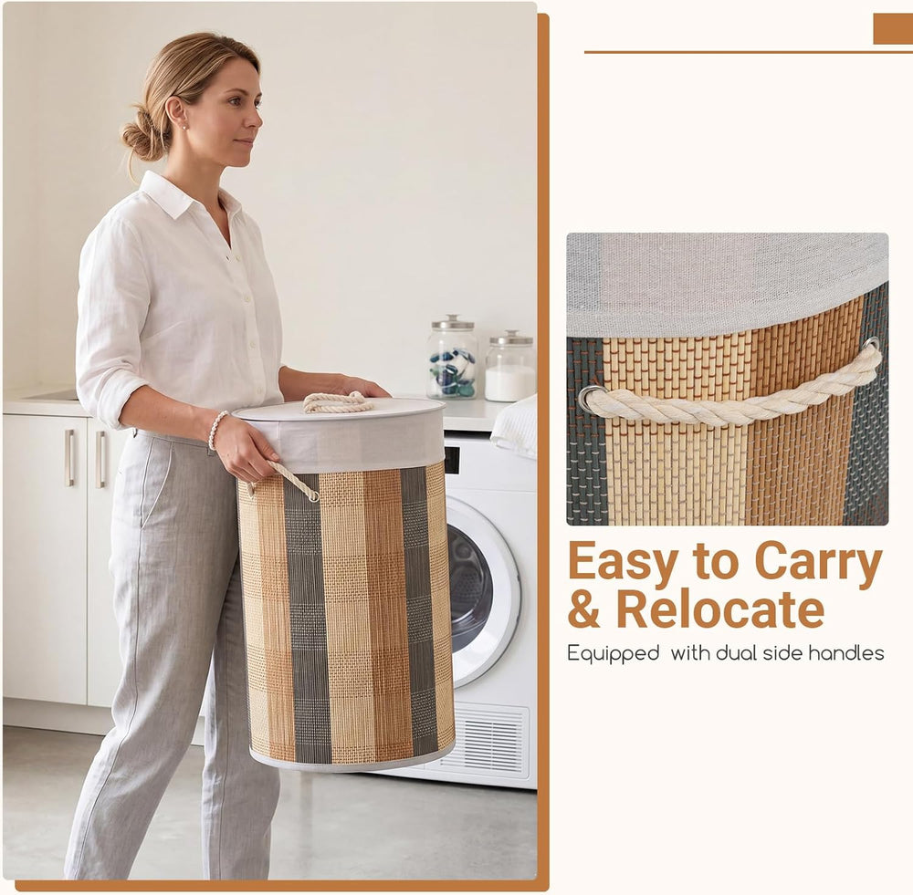 Giantex Round Bamboo Laundry Hamper with Lid, 13.2 Gal Large Capacity Clothes...
