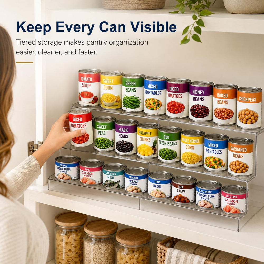 Expandable Can Rack Organizer for Pantry:3-Tier Clear Acrylic Canned Food Sto...