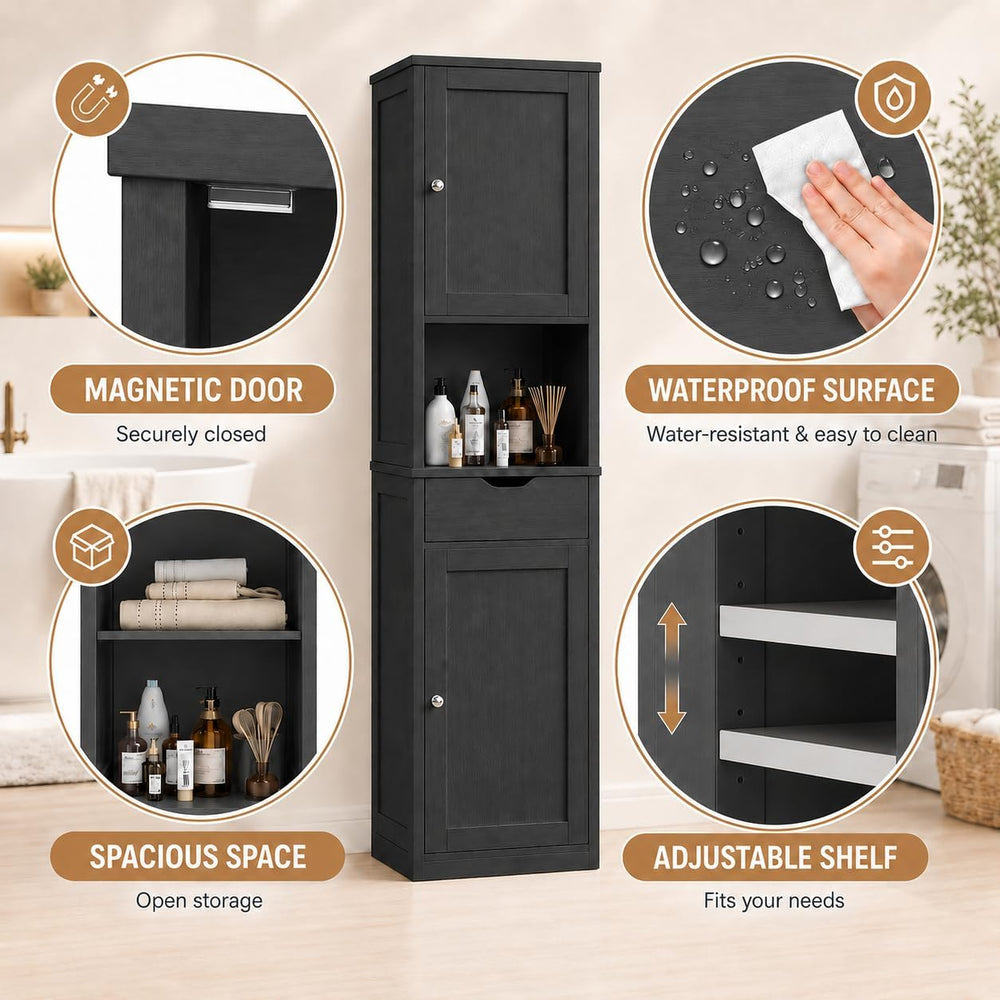 Walsunny Tall Bathroom Storage Cabinet with 6 Adjustable Shelves, Black