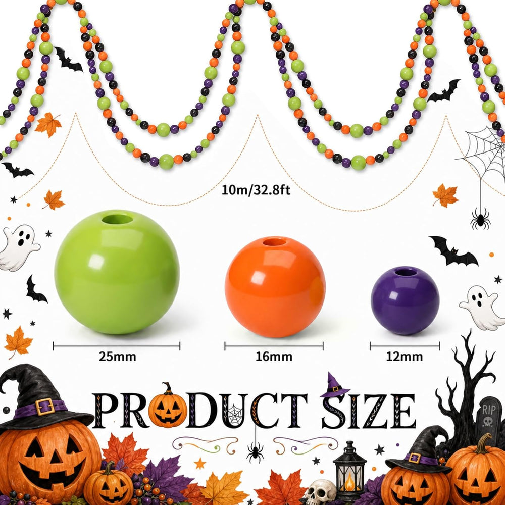 Giegxin 1 Pcs Halloween Wooden Bead Garland, Black, Orange, Green, Purple