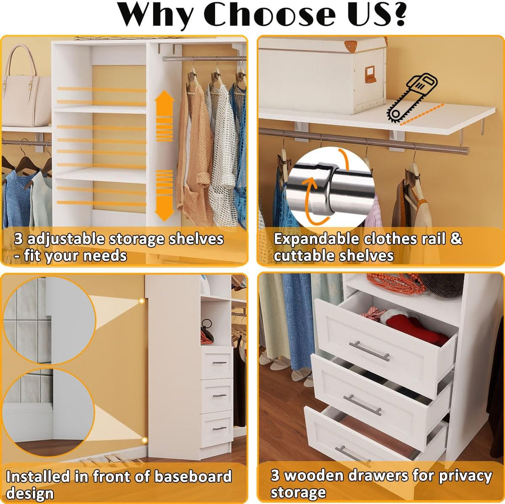 Dilando Closet Organizer System with Drawers, 5FT - 7.61FT Closet Shelving Sy...