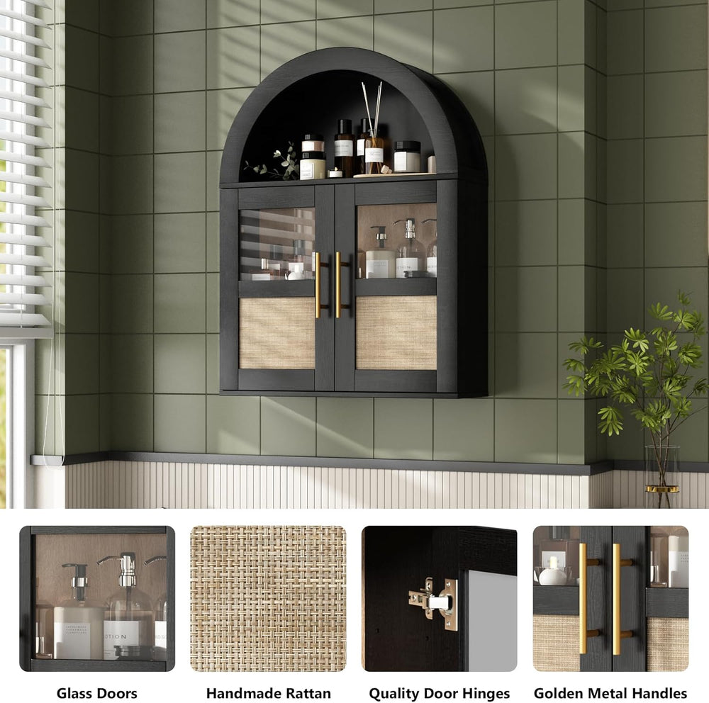 RUSTOWN Arched Bathroom Wall Cabinet with 2 Glass & Rattan Doors