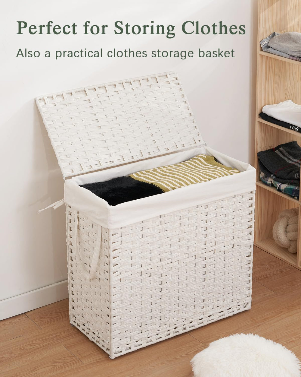 SETVSON Laundry Hamper with Lid Laundry Basket 132 L PE Rattan, White