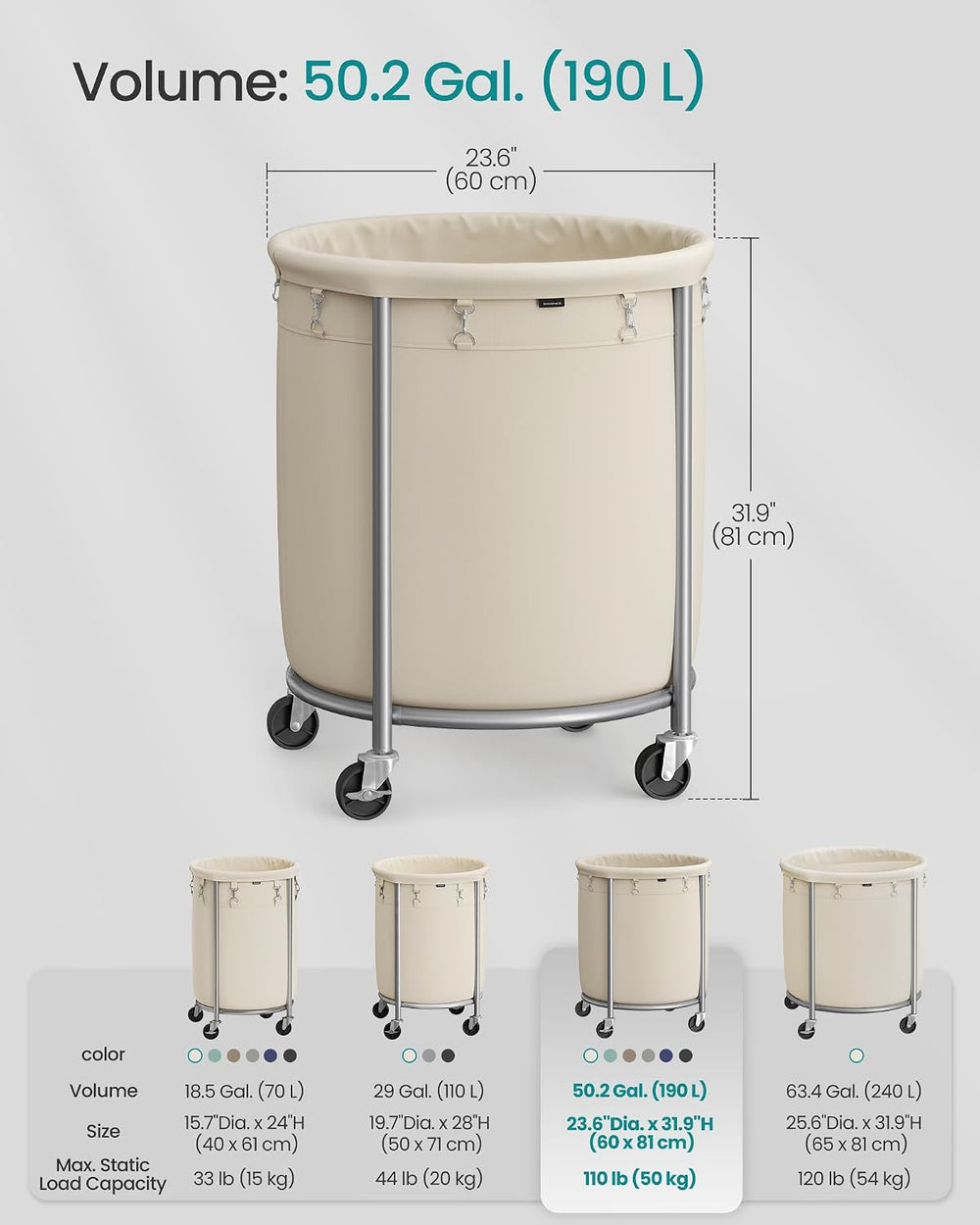 SONGMICS Laundry Basket with Wheels,190L, Steel Frame, Removable Bag
