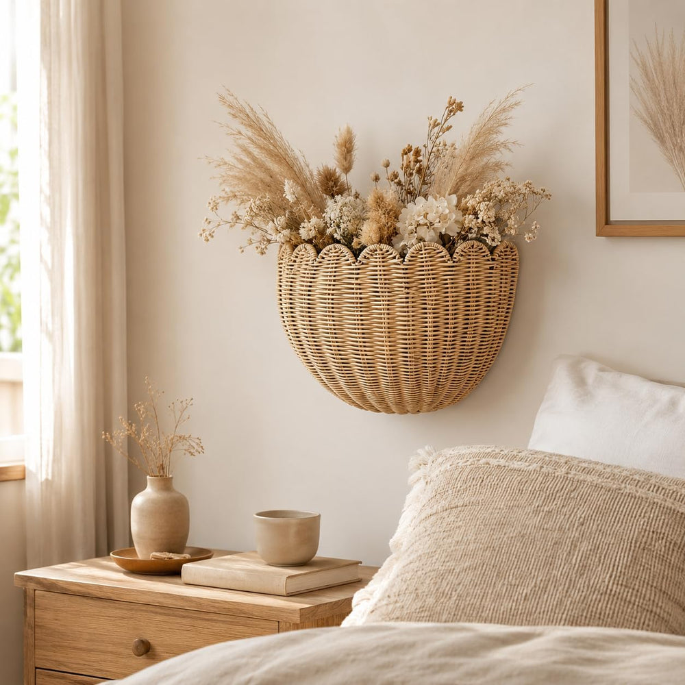 Set of 2 Scalloped Hanging Wicker Baskets for Wall, Scalloped Home Decor, Han...