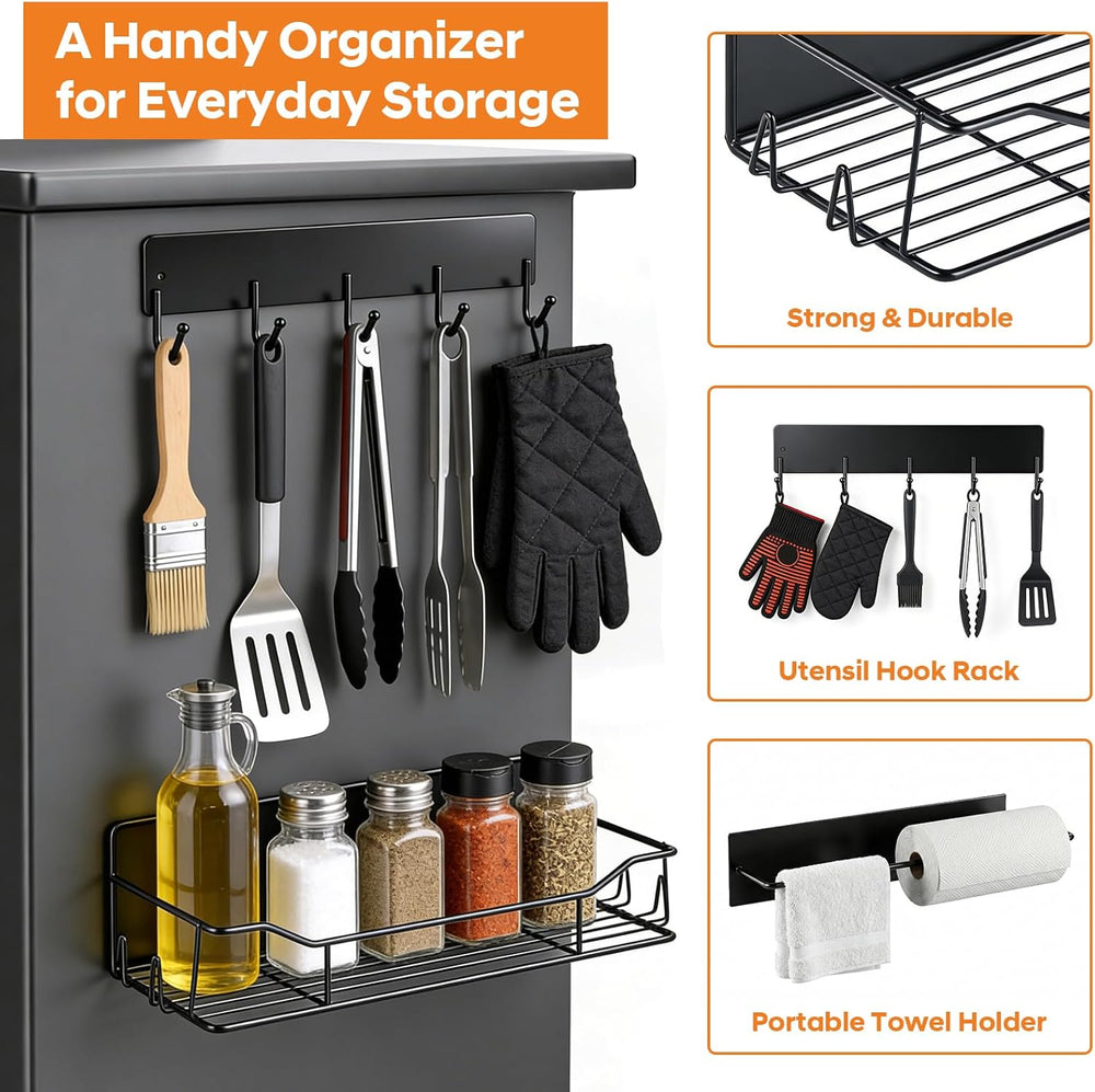 Magnetic Grill Caddy with Bins, BBQ Tool Organizer with Paper Towel Holder