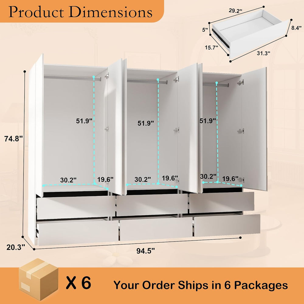 White Armoire Wardrobe Closet with 6 Drawers, 75" Tall x 95" Wide