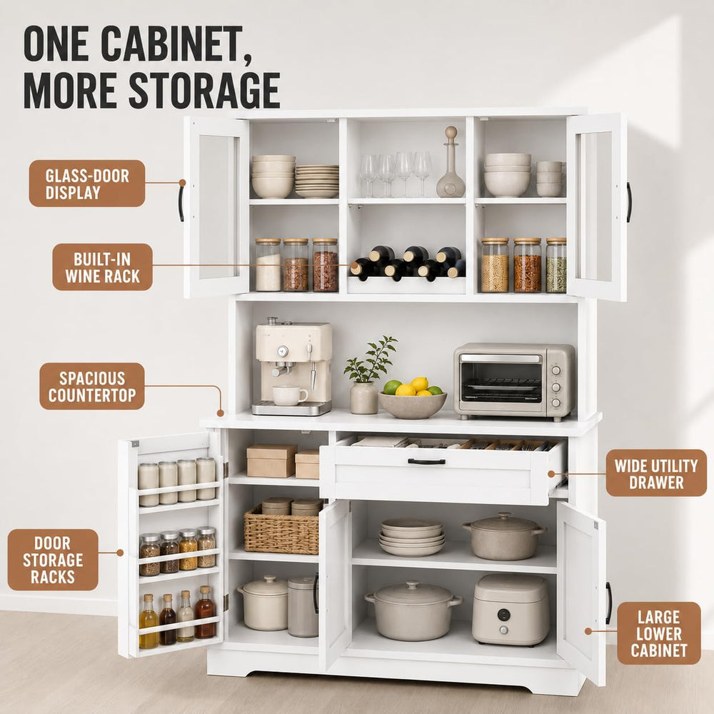Nuturelly 68" Tall Kitchen Pantry Cabinet with Microwave Stand, White