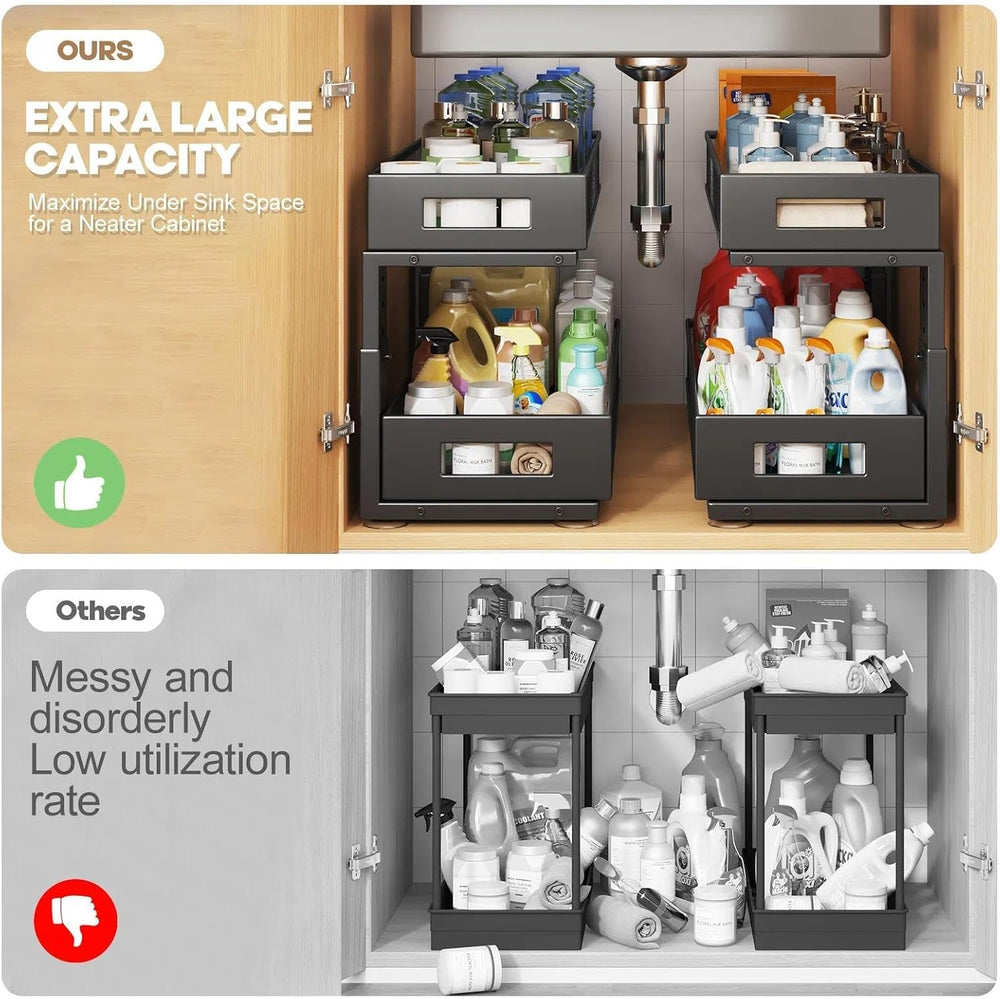 2 Packs 21IN Depth Under Sink Organizer, 2-Tier Pull Out Cabinet Organizer Wi...