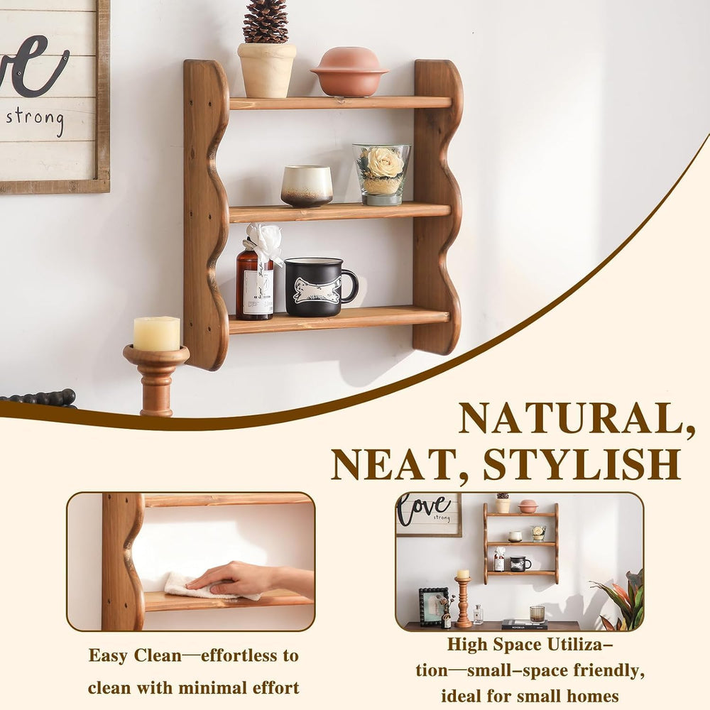 100% Solid Wood Wall Shelf 3-Tier, Rustic Floating Shelves Wall Mounted Stora...