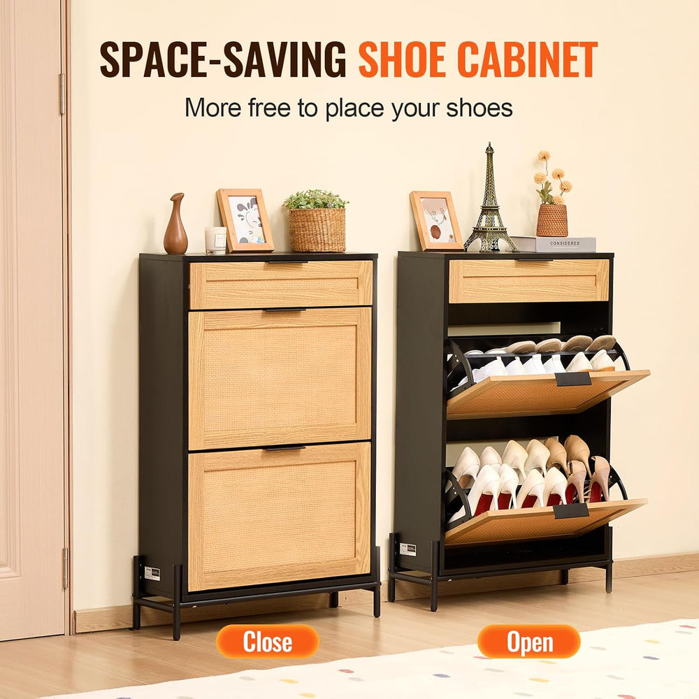 VEVOR Rattan Shoe Cabinet, Narrow Shoe Storage Organizer with 2 Flip Rattan D...
