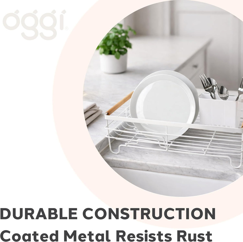 Oggi Large Dish Drying Rack - White & Bamboo Dish Drying Rack, Drying Rac...