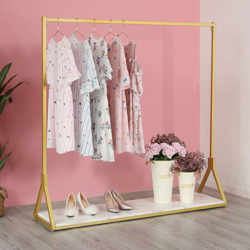HOMEKAYT Gold Clothing Rack with Wooden Shelf for Boutique Retail Heavy Duty ...