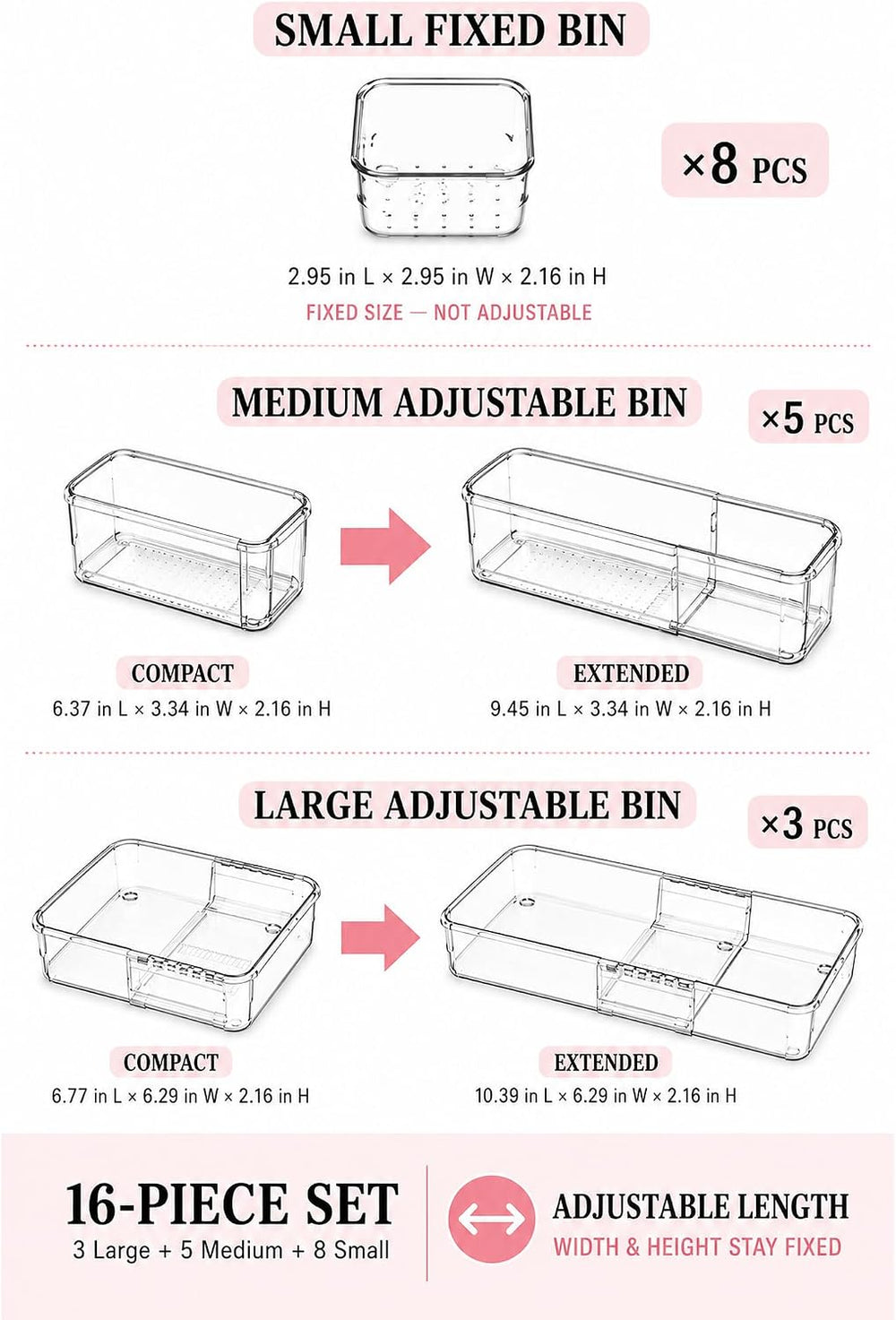 Adjustable Clear Drawer Storage Organizer, 16 Pack 3 Sizes Expandable Plastic...