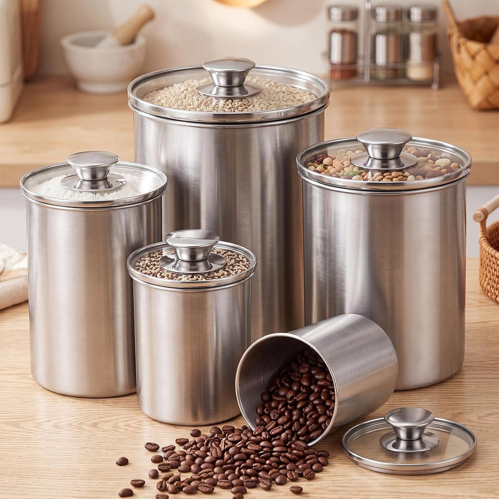 Blushtier 5 Pcs Stainless Steel Kitchen Canister Set with Clear Glass Lids