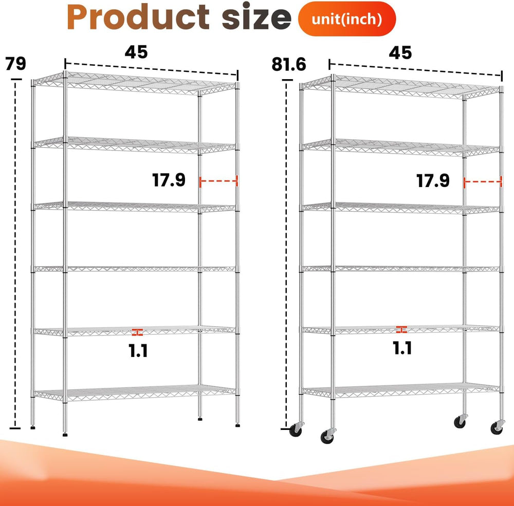 BestOffice | 6-Tier Wire Storage Shelves with Wheels | 18x45x82 | Chrome | Ad...