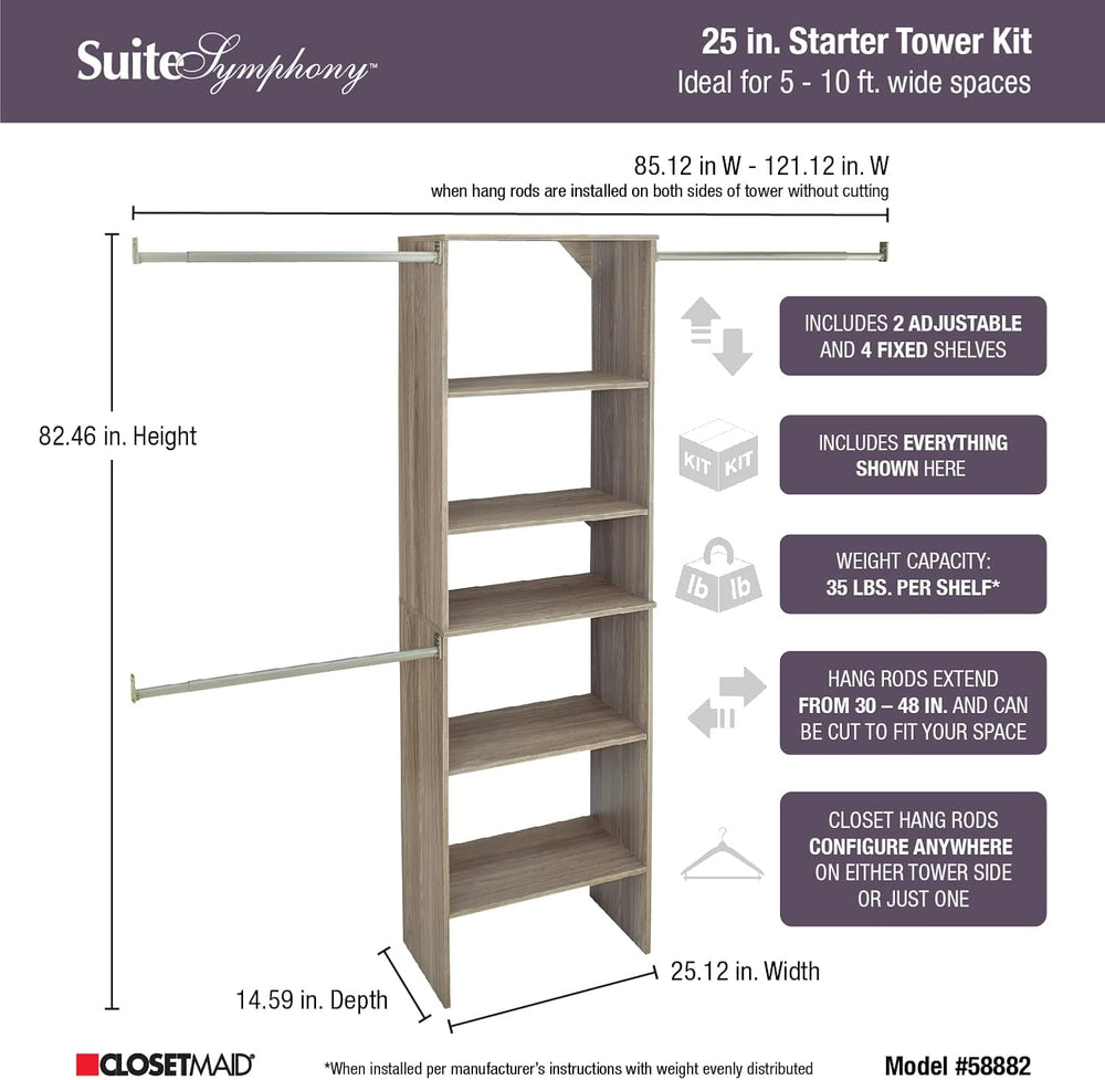 ClosetMaid SuiteSymphony Wood Closet Organizer Starter Kit with Tower and 3 H...