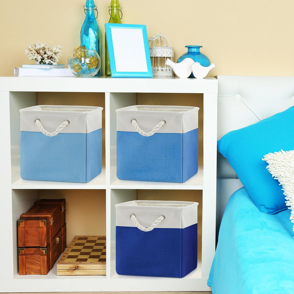 6 Pack 11x11 Inch Blue Cube Storage Bins Fabric Square Cube Baskets Handle