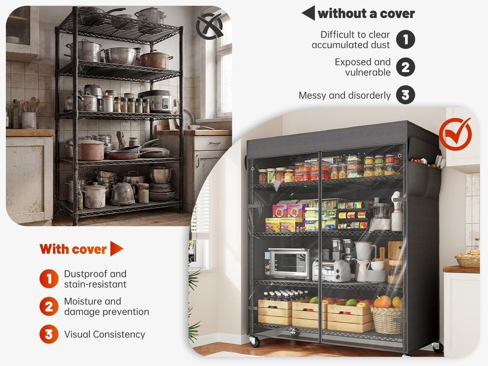REIBII 45"W 5-Tier Storage Shelves with Cover & Wheels, 1100 lbs for...
