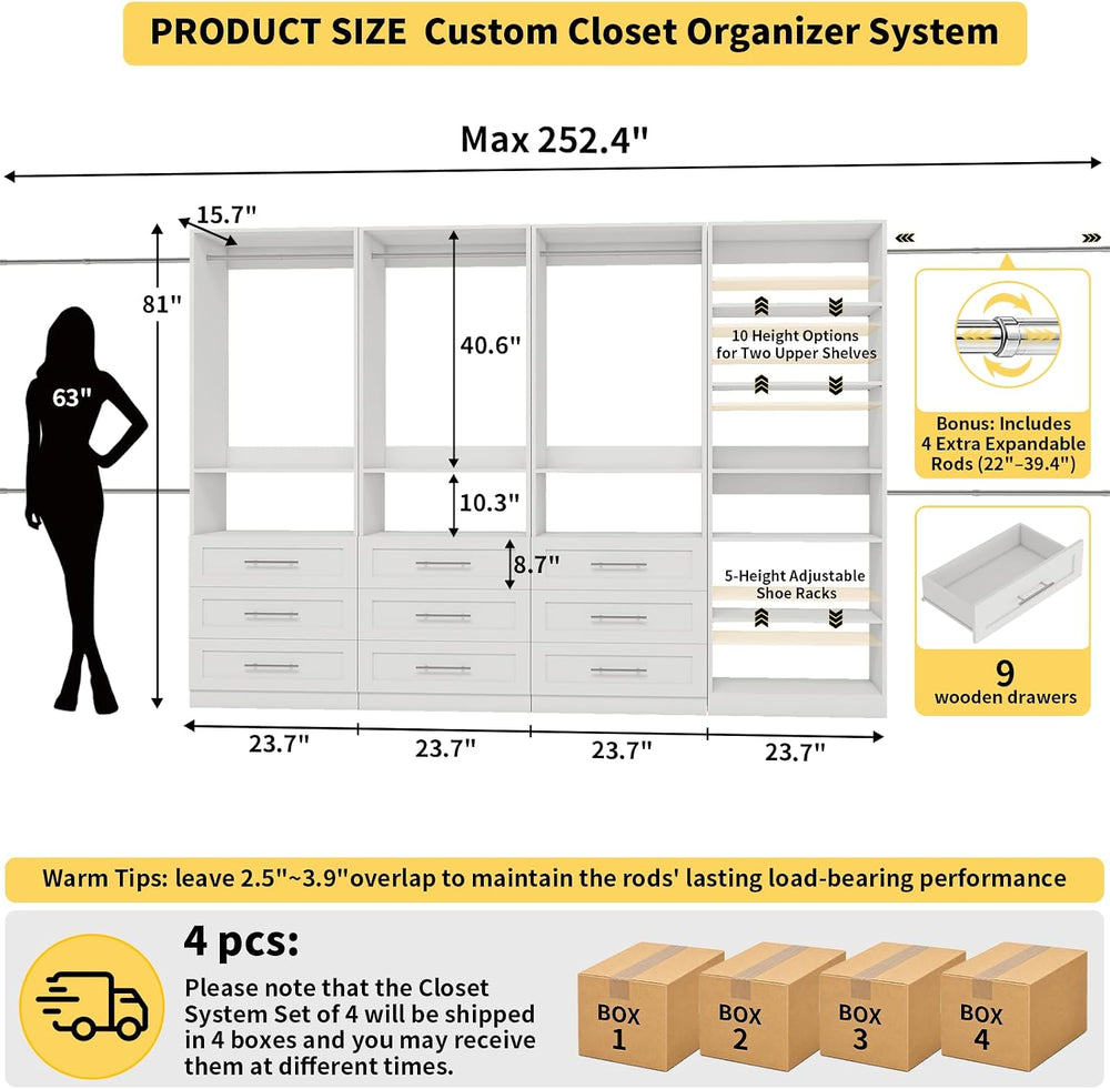 Closet System with 4 Sets, 8-21FT Closet System with 9 Drawers, 9 Shelves &am...