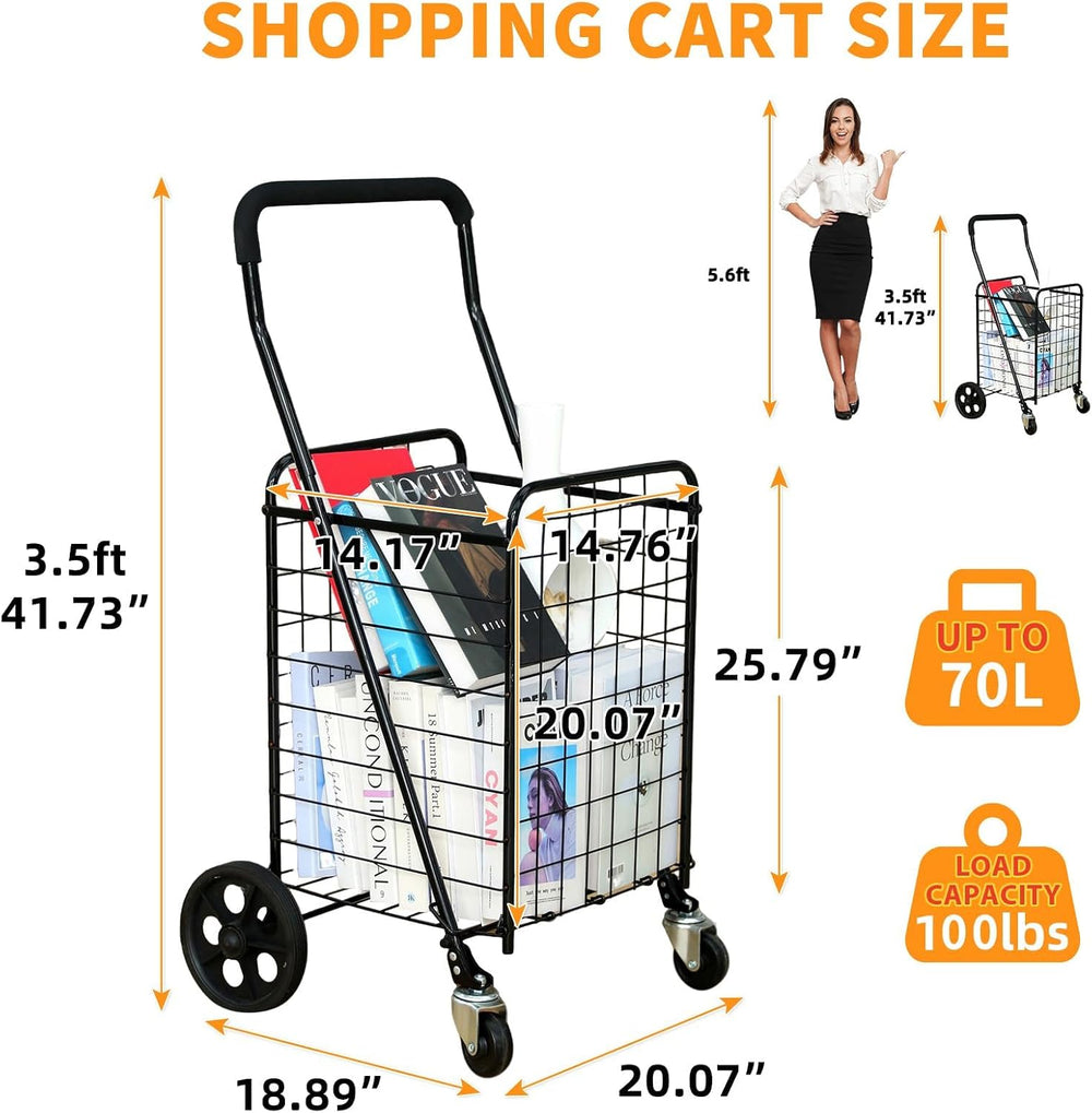 Kiffler Grocery Shopping Cart with 360° Rolling Swivel Wheels, 100LBS Utility...