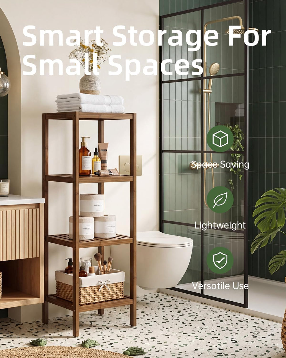 SMIBUY Bathroom Storage Shelf, 4-Tier Bamboo Rack Organizer, Multifunctional ...