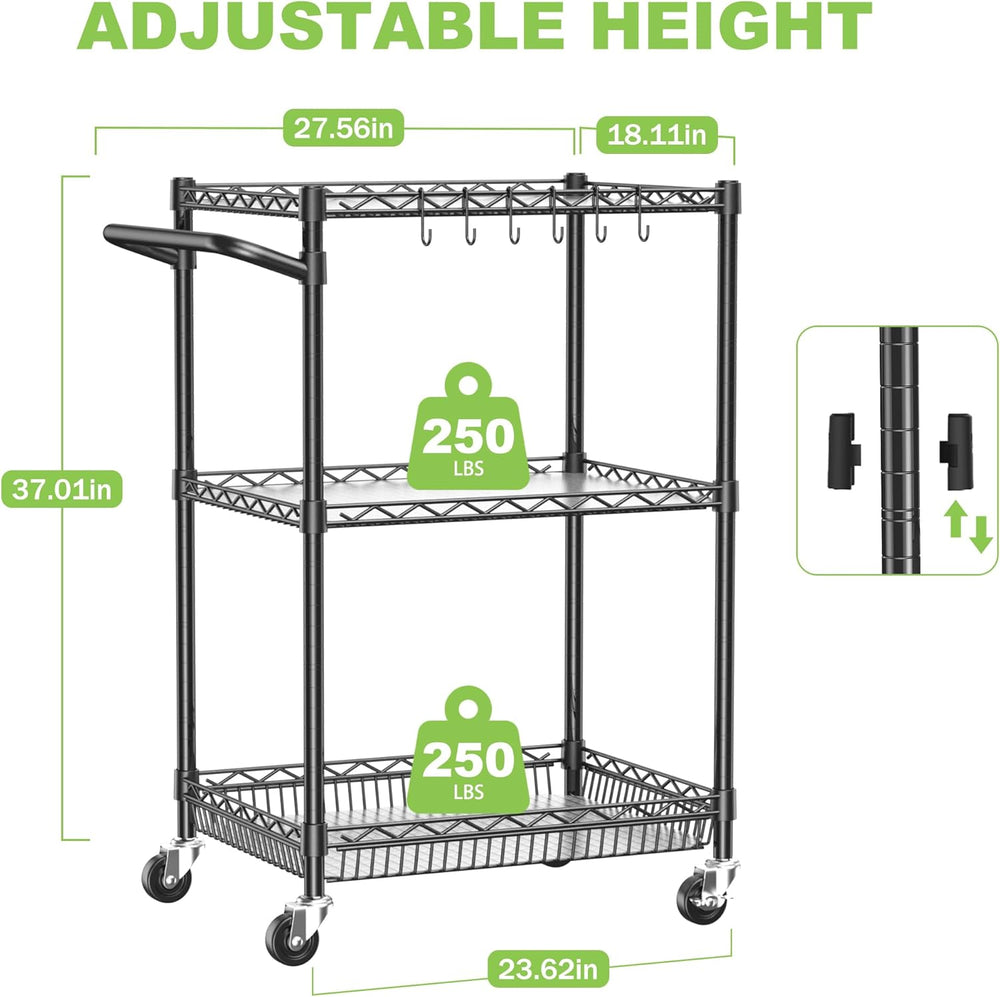 3 Tier Rolling Utility Metal Carts with Wheels Heavy Duty Cart 750Lbs