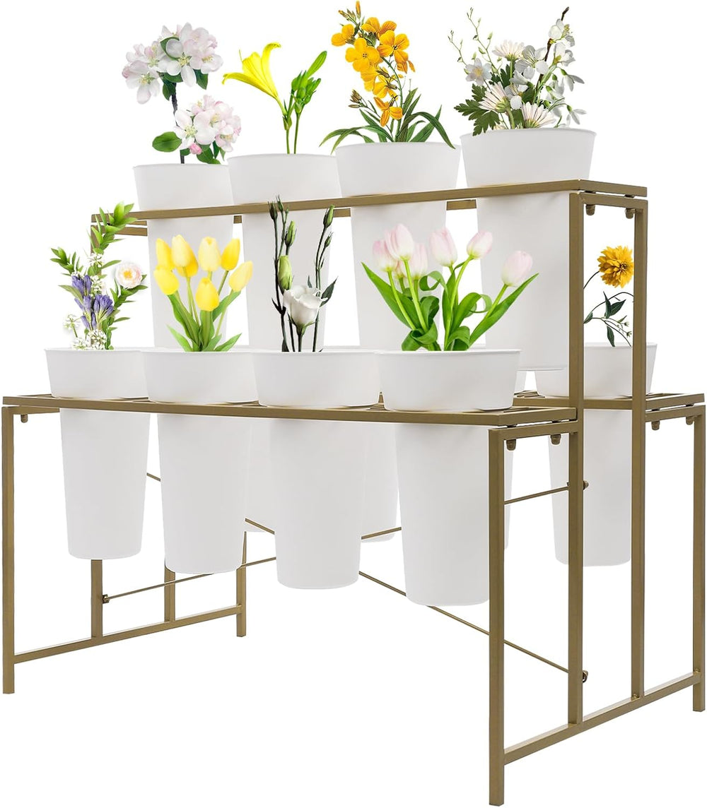 Flower Display Stand with 12pcs Buckets,3 Layers Moving Plant Stand Cart Shel...