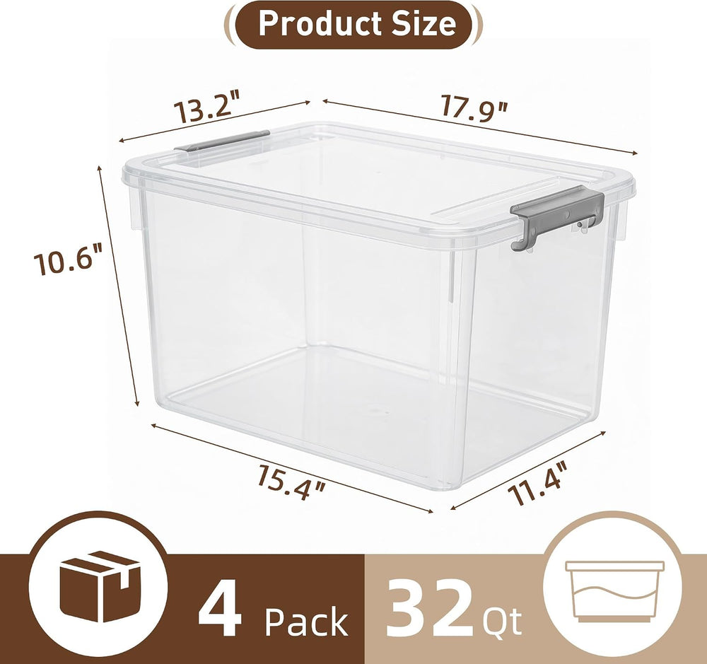 Citylife 4-Pack 32 QT Clear Plastic Storage Bins with Latching Lids