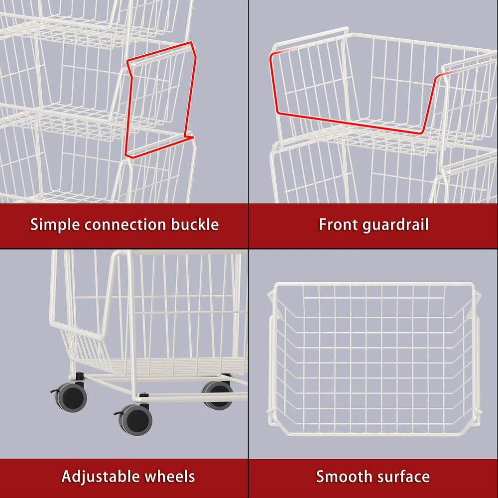 PUSDON 4-Tier Large Stackable Wire Storage Baskets with Wheels, Metal Rolling...