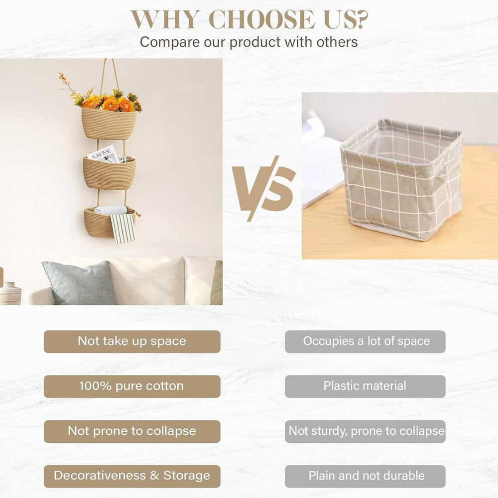 Over the Door Hanging Storage Basket 3 Tier Wall Organizer Jute Color
