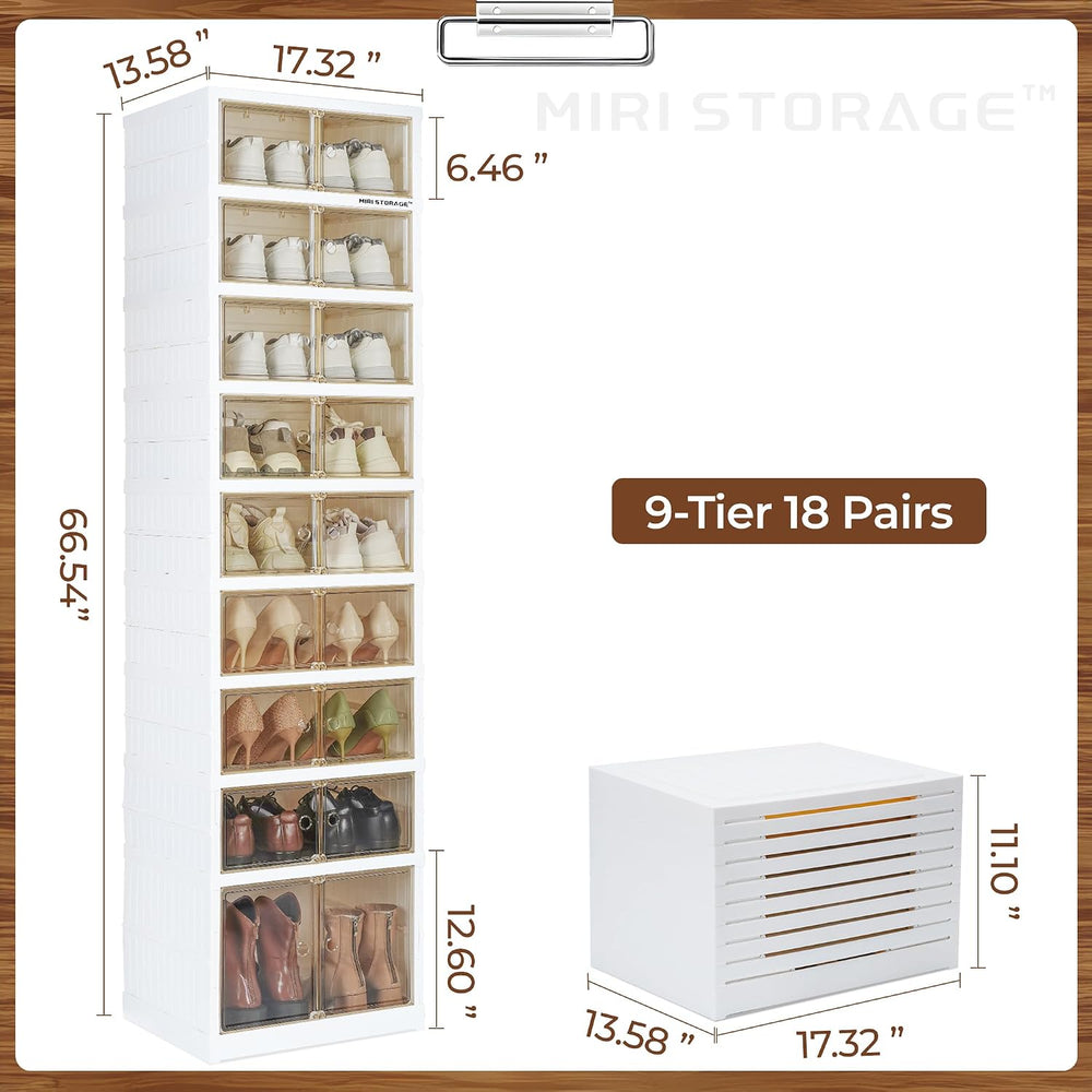 9-Tier 18 Pairs Foldable Shoe Rack,Plastic, Magnetic Doors, White