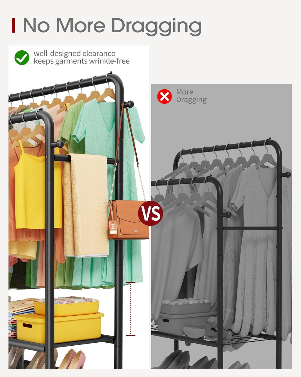 Sakugi Double Rod Clothes Rack with 3-Tier Shelves, 28.7"W x 17"D x...
