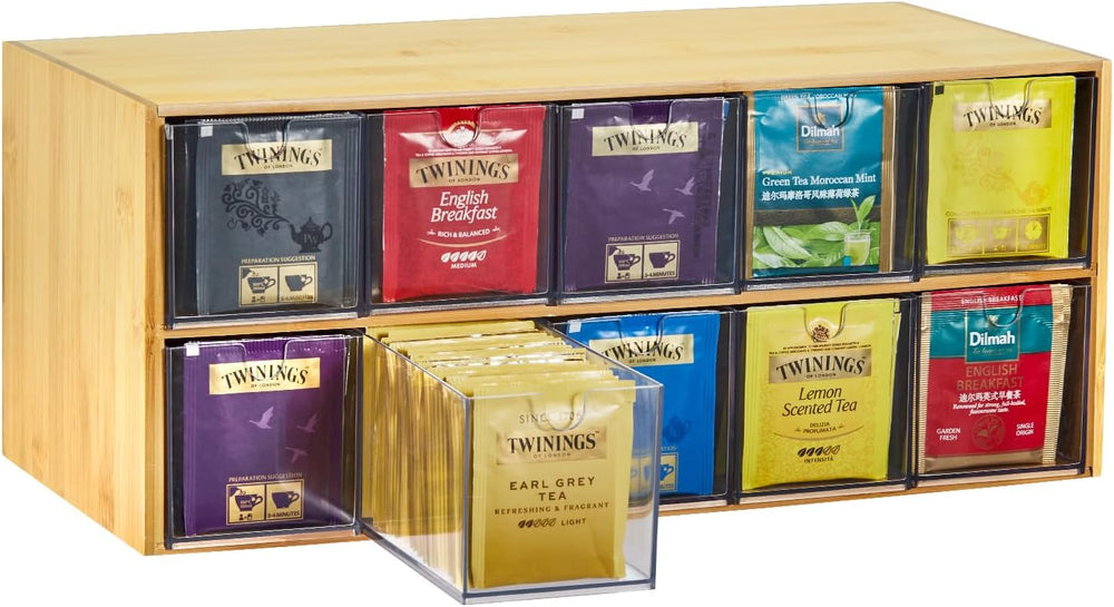 TIMIEEYA Tea Bag Organizer - Bamboo Tea Storage Organizer With Drawer 2 Layer...