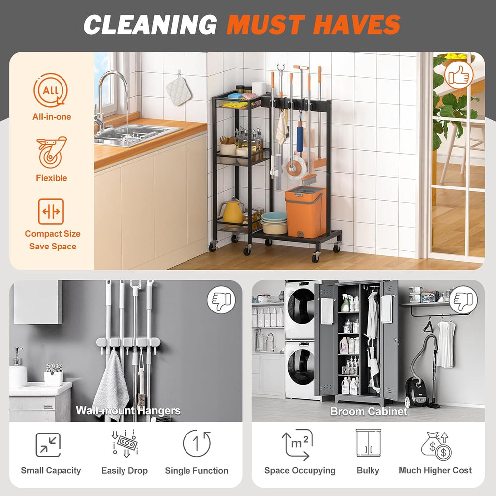 Broom Holder with Cleaning Supplies Organizer, Broom Closet Storage Cabinet w...