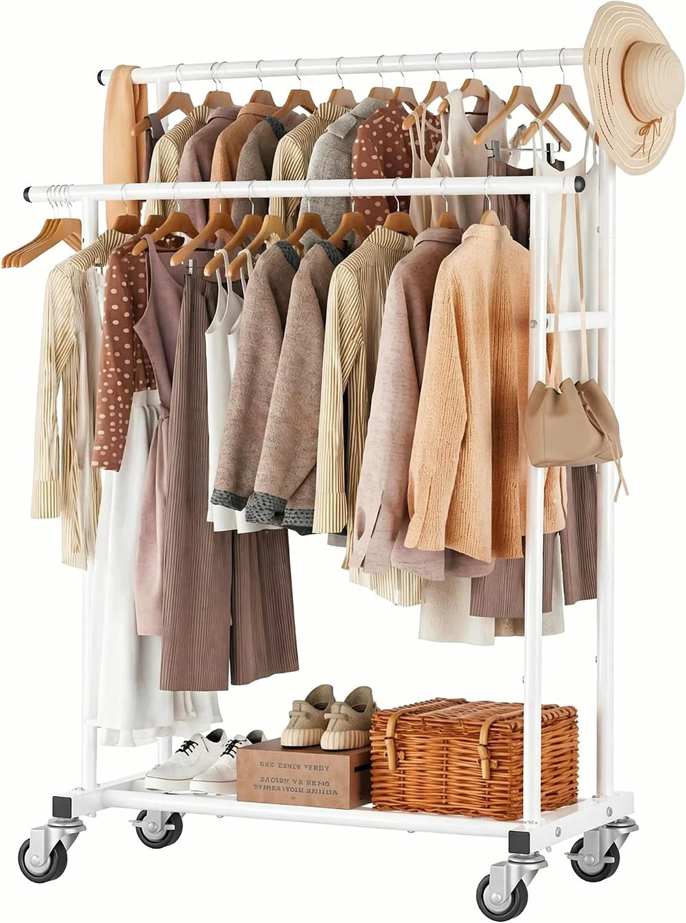 Calmootey Rolling Garment Rack, Sturdy Clothes Organizer for Bedroom