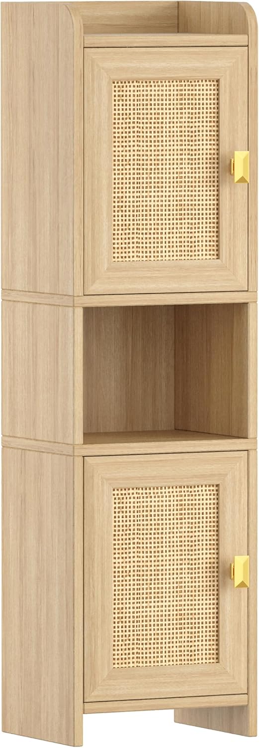 9.8''W Rattan Small Bathroom Storage Cabinet 2 Doors Oak