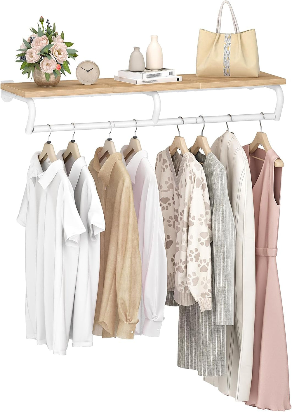 Wall Mounted Clothes Rack, Metal Garment Rack with Top Shelf, Laundry Storage...