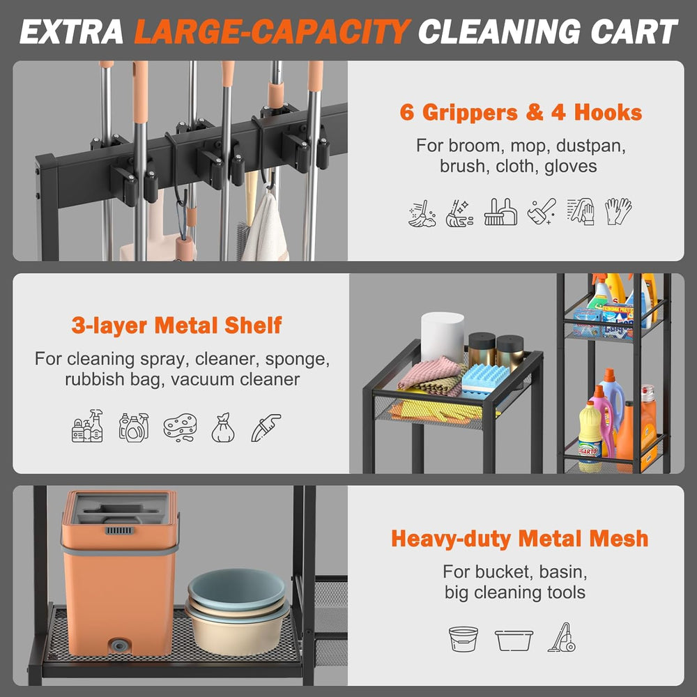 Broom Holder with Cleaning Supplies Organizer, Broom Closet Storage Cabinet w...