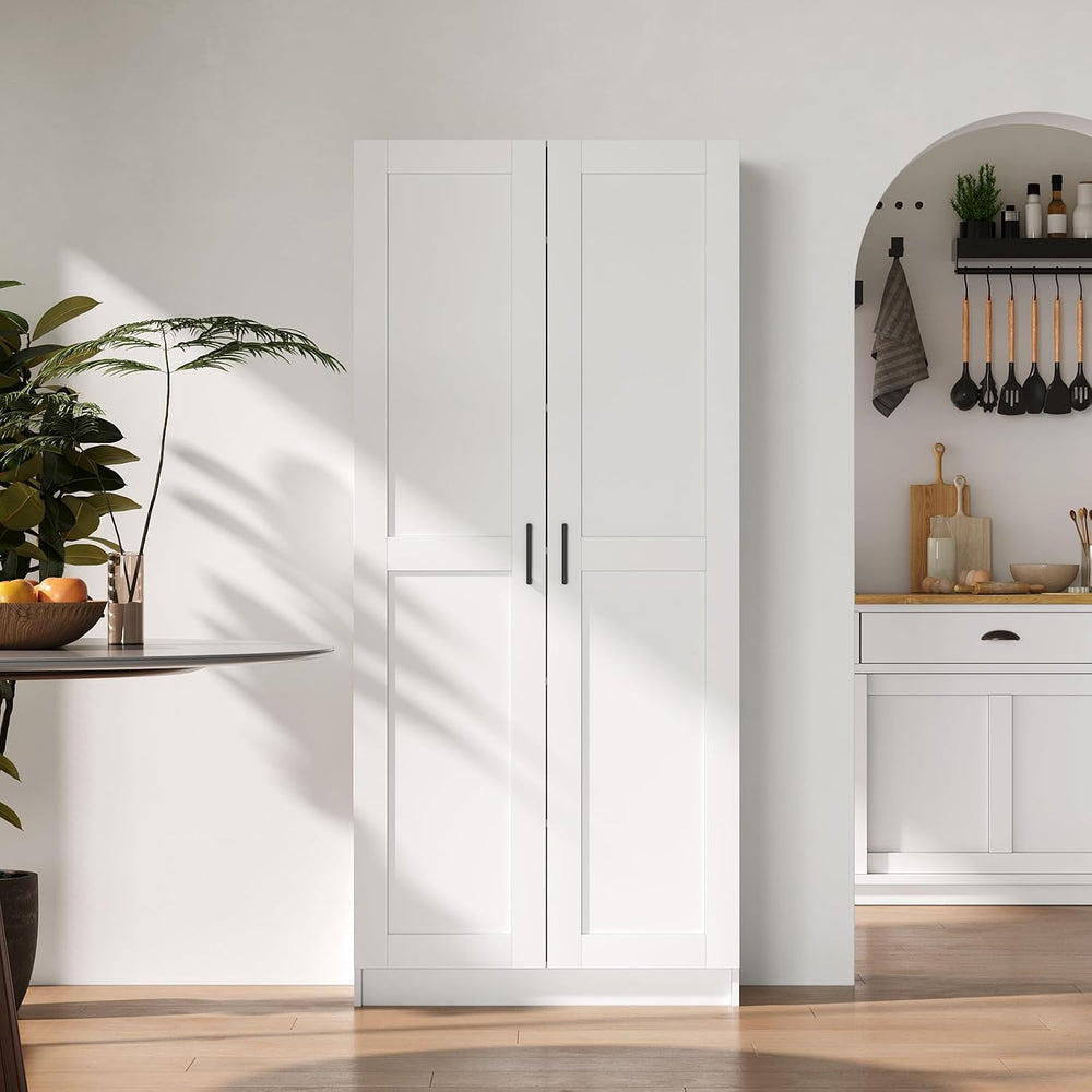 White Tall Kitchen Pantry Cabinet Organizers and Storage with Doors and Adjus...