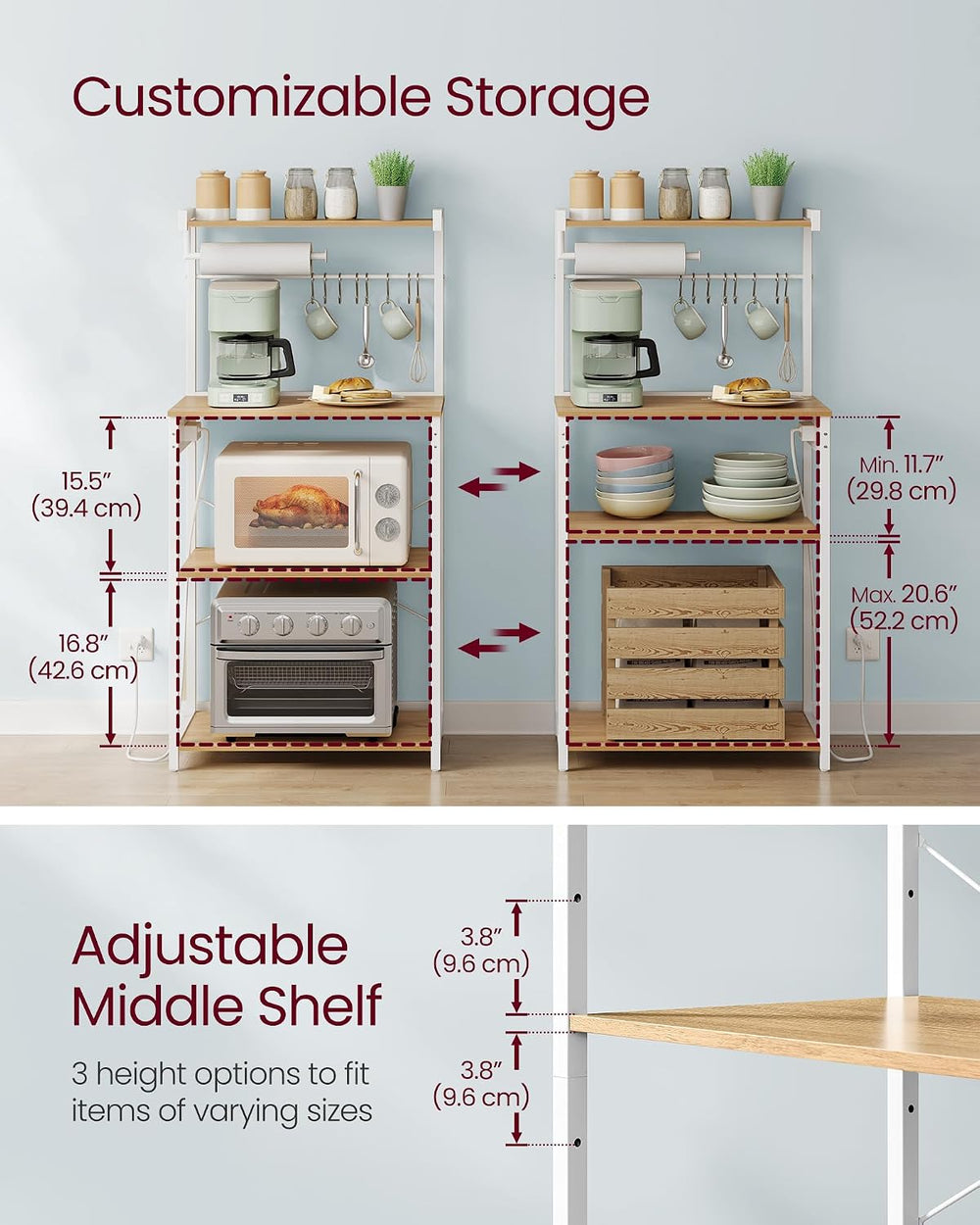 VASAGLE 4-Tier Kitchen Bakers Rack with Power Outlet, 23.6-Inch Wide
